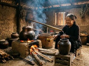 Nghệ nhân già chưng cất rượu cuốc lủi thủ công bằng nồi đồng truyền thống