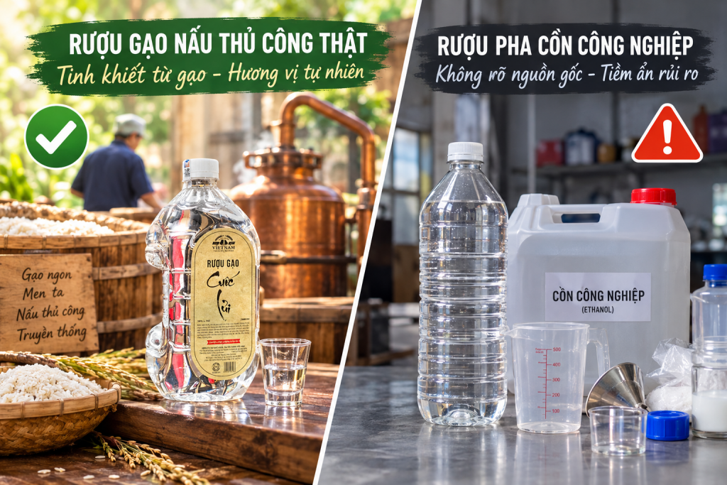Hình ảnh so sánh phân biệt rượu gạo nấu thủ công thật và rượu pha cồn công nghiệp giả